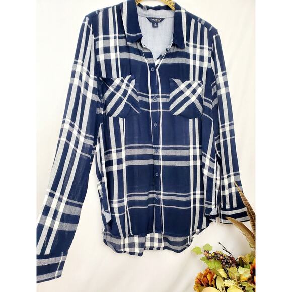 Lucky Brand Top Size M Plaid Boho Blue Viscose Button Up Womens Medium Shirt - Picture 7 of 12